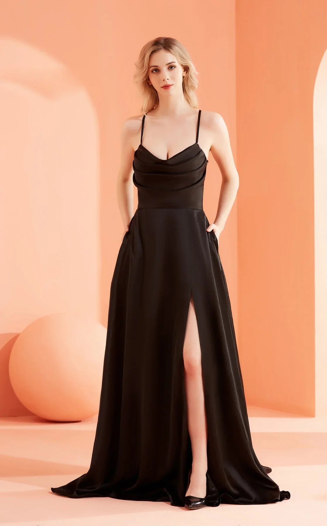 Black A-line dress with thigh-high slit