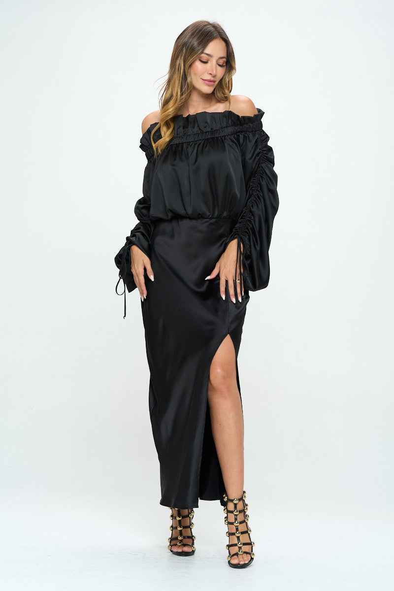 Satin Offshoulder Dress w/ Ruched Sleeve and Slit-3