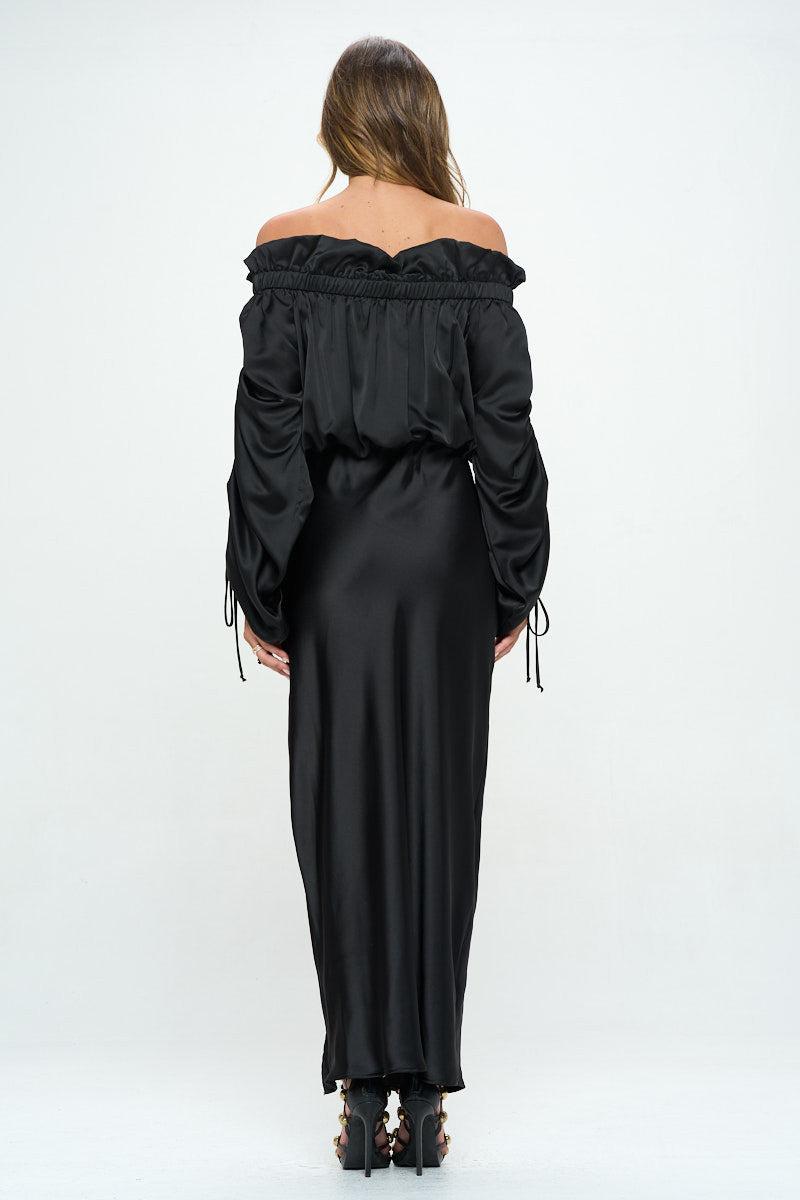 Satin Offshoulder Dress w/ Ruched Sleeve and Slit-4