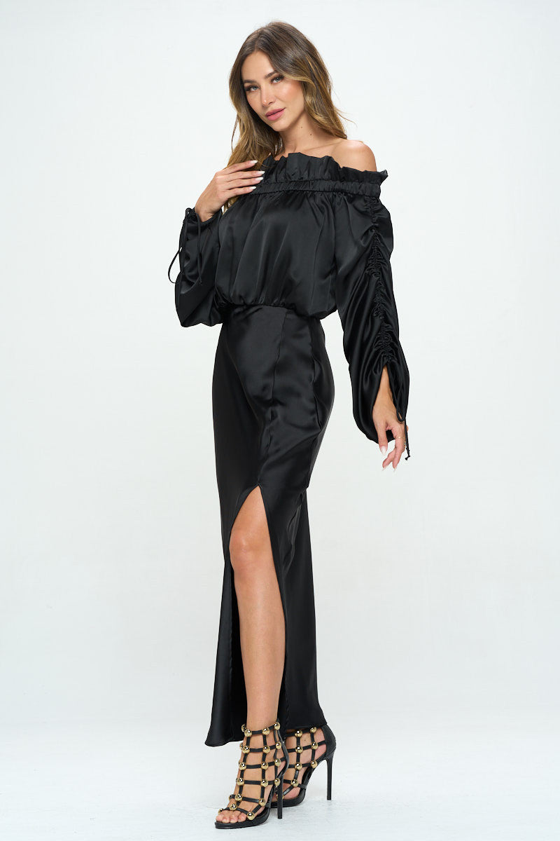 Satin Offshoulder Dress w/ Ruched Sleeve and Slit-2
